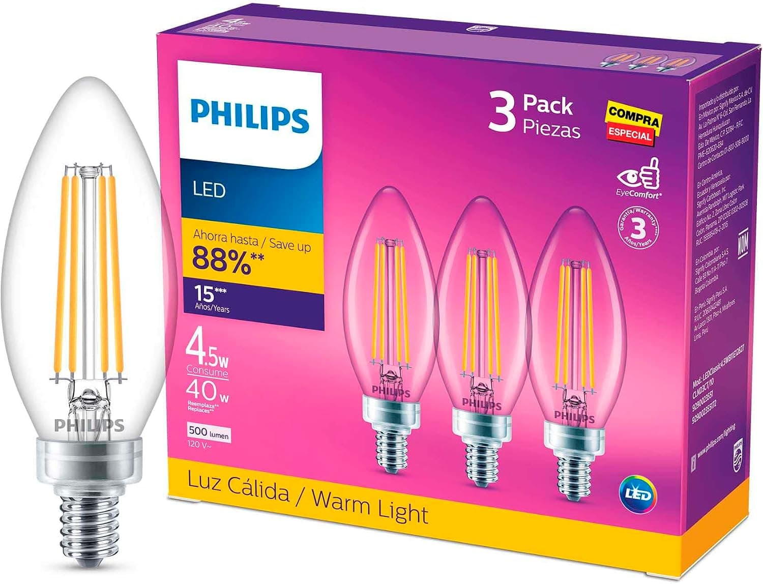 Philips LED Vela luz cálida 4.5W = 40W base E12 3pack