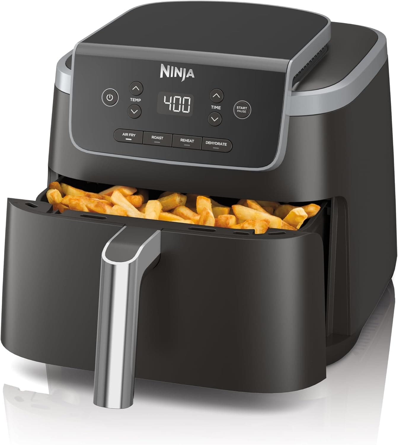 NINJA, Freidora de aire Pro 4 en 1, Capacidad de 5 QT, Freír al aire, Asar al aire, Hornear, Recalentar, Deshidratar, Asar, Cesta antiadherente, Cesta antiadherente, Gris, AF141