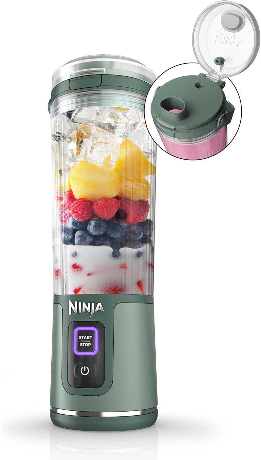 Ninja BC151EM Blast Batidora portátil, sin cable, recipiente de 18 onzas, licuadora personal, para batidos y batidos, sin BPA, tapa a prueba de fugas y boquilla para beber, recargable con USB-C, piezas aptas para lavaplatos, verde bosque