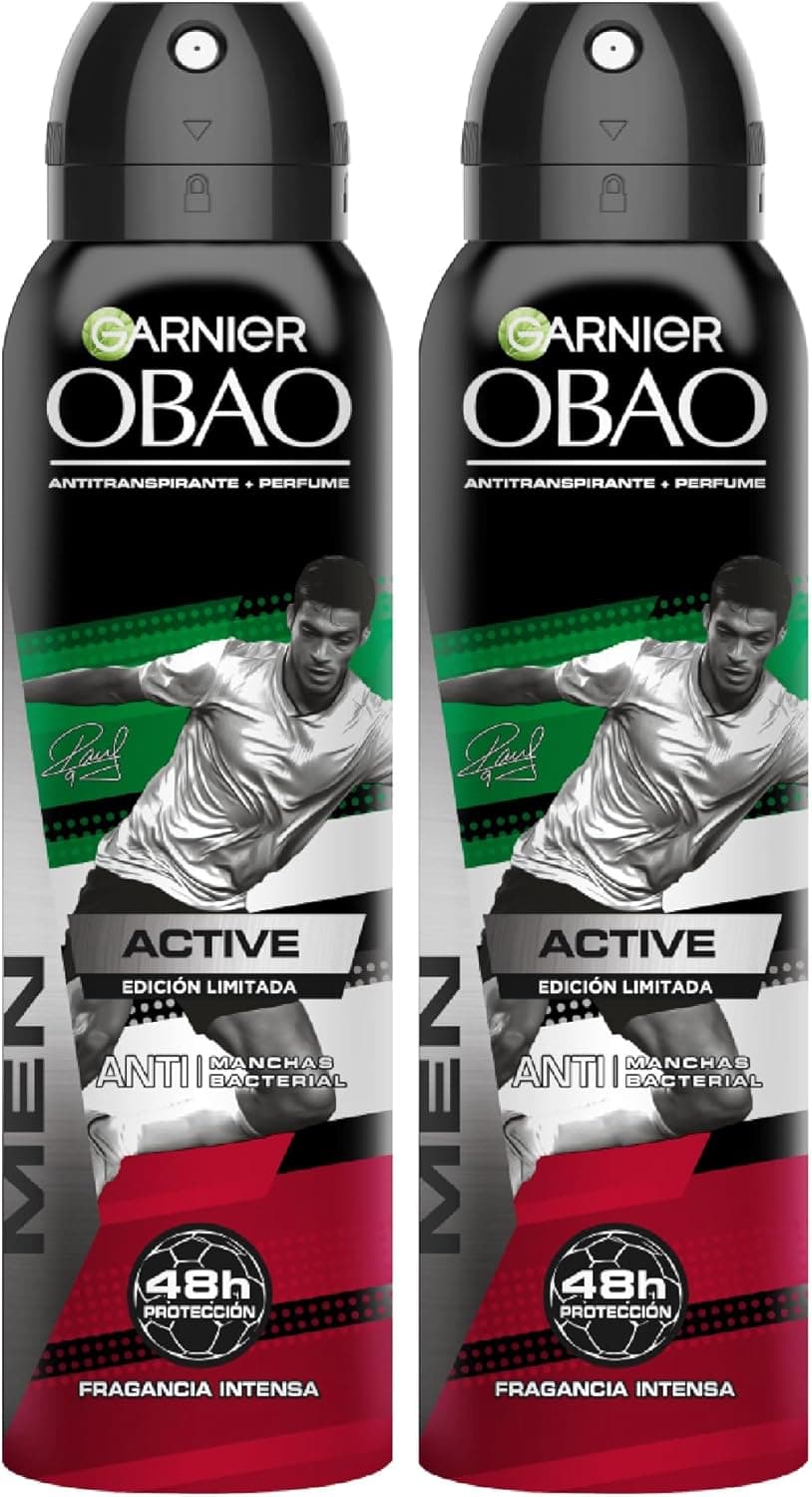 Kit Garnier OBAO Active x Raúl Jiménez Desodorante Antitranspirante para Hombre en Aerosol, 2 Unidades de 150ml c/u, Ofrece 48h de Protección y Perfume que se Activa con el Movimiento, Antibacterial, Antimanchas y Sin Alcohol
