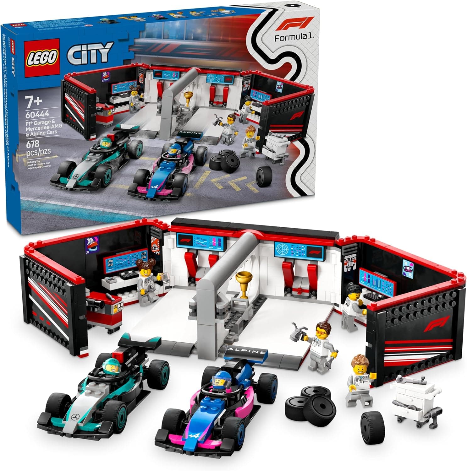 LEGO® City Taller de F1® con Autos Mercedes-AMG y Alpine Juguete de construcción con 2 Modelos de vehículos, Minifiguras de 2 Pilotos y 4 mecánicos, Regalo para niños de 7 años o más 60444